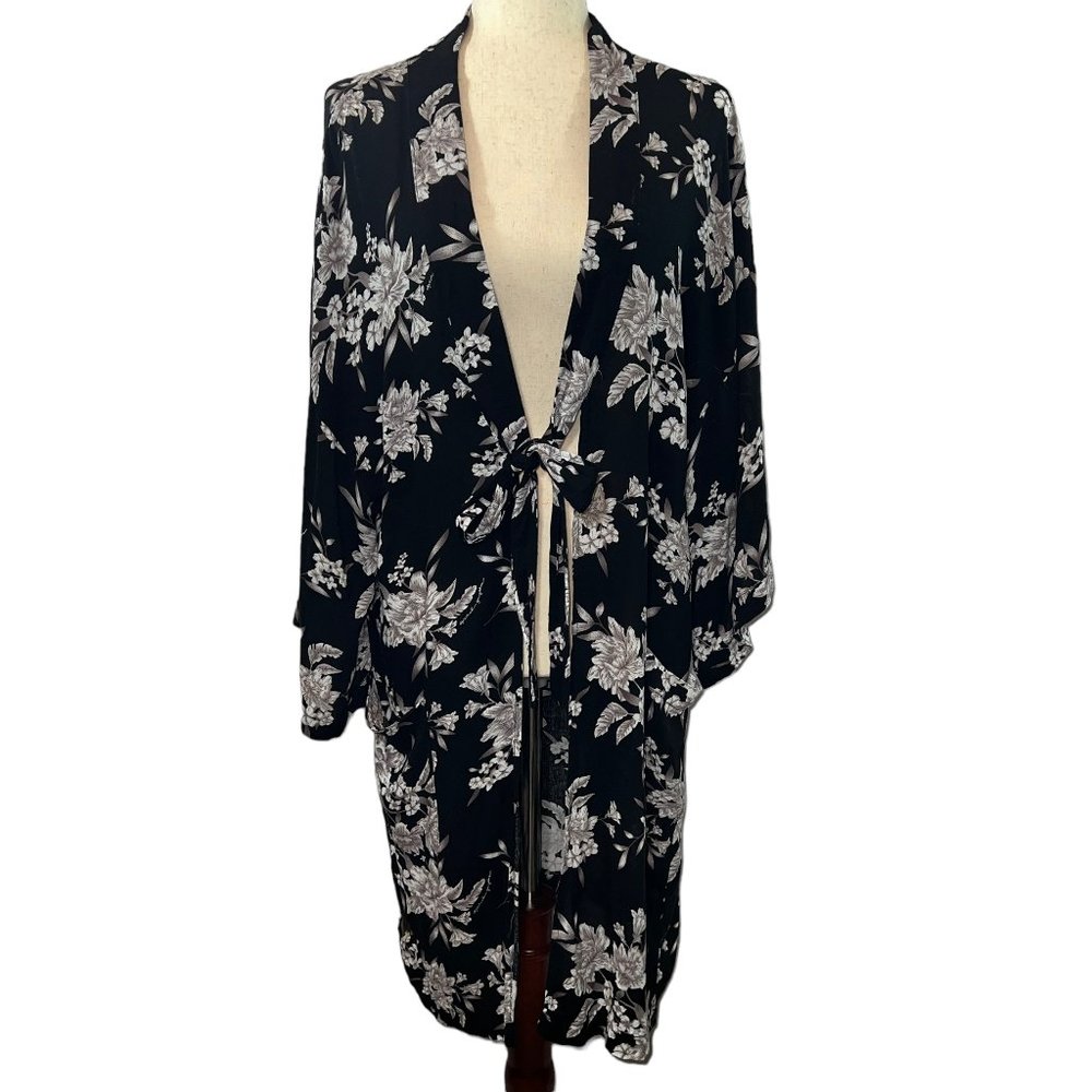 Like new! Spiritual Gangster Black White Tan Floral Kimono Swim Coverup …